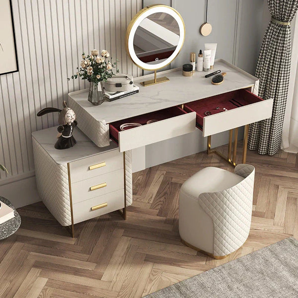 Pacific Dressing Table With Ottoman In Stainless Steel - Gold - Luxe Maple