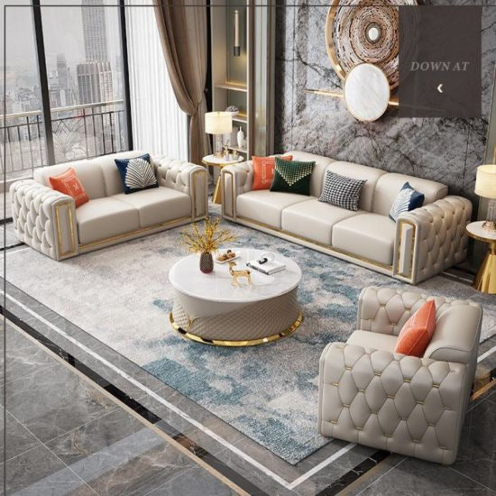 Dexter Modern Straight Line Chesterfield Sofa Set in Leatherette 3+2+2 Seater