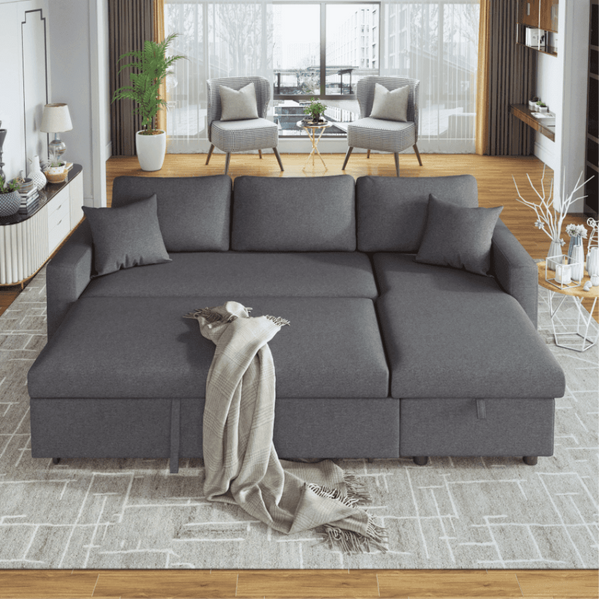 Glossy L-Shaped Sectional Storage Sofa Cum Bed - Luxe Maple