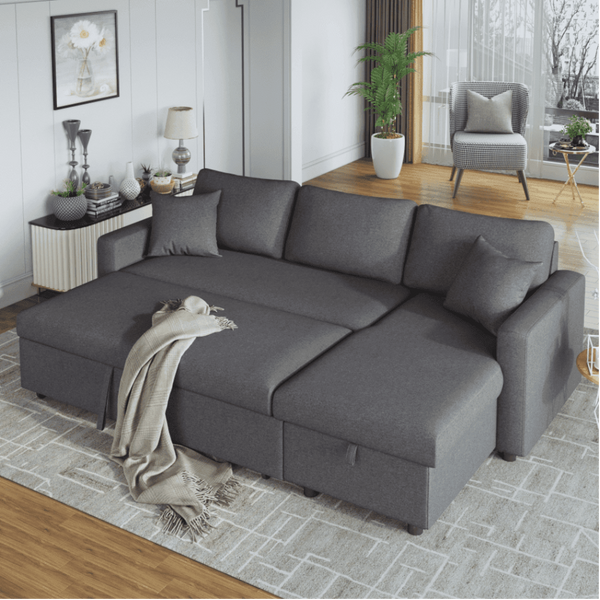 Glossy L-Shaped Sectional Storage Sofa Cum Bed - Luxe Maple