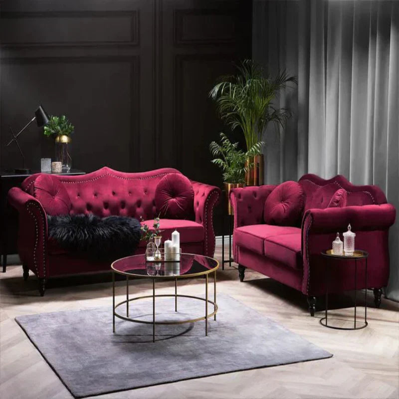 Wills Luxury Chesterfield Sofa Set in Suede Wine